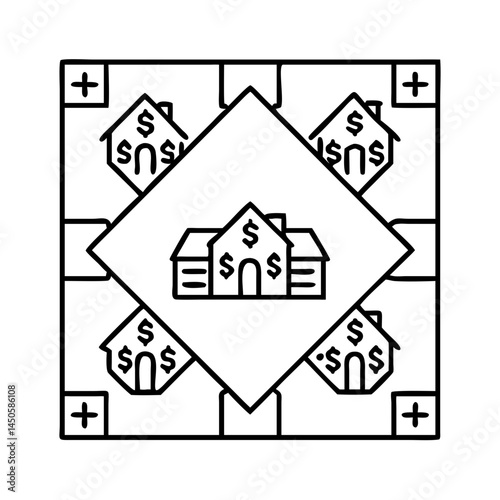 monopoly board with houses icon, monopoly board with houses line art - simple line art of monopoly board with houses, perfect for monopoly board with houses logos and icons