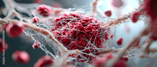 A detailed 3D rendering of a blood clot. Useful for medical education scientific illustrations or presentations regarding thrombosis and hemostasis.