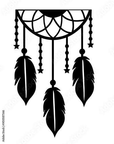 Silhouette of Dreamcatcher with Web Pattern, Feathers, Beads, and Stars – Protective Amulet Symbol, Spiritual Decor for Good Dreams, Native Tradition, Ethnic Charm