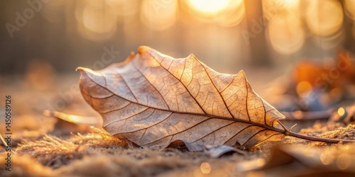 A delicate, dried leaf rests on the forest floor, bathed in the golden light of the setting sun, its veins a tapestry of nature's design.