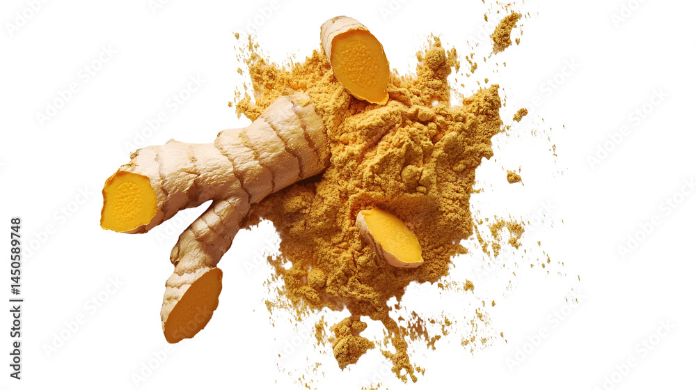 Obraz premium Fresh, dried and powdered turmeric root which is known for its medicinal properties and its use in ayurvedic and herbal medicines in india for centuries. It's also known for anti- cancer properties