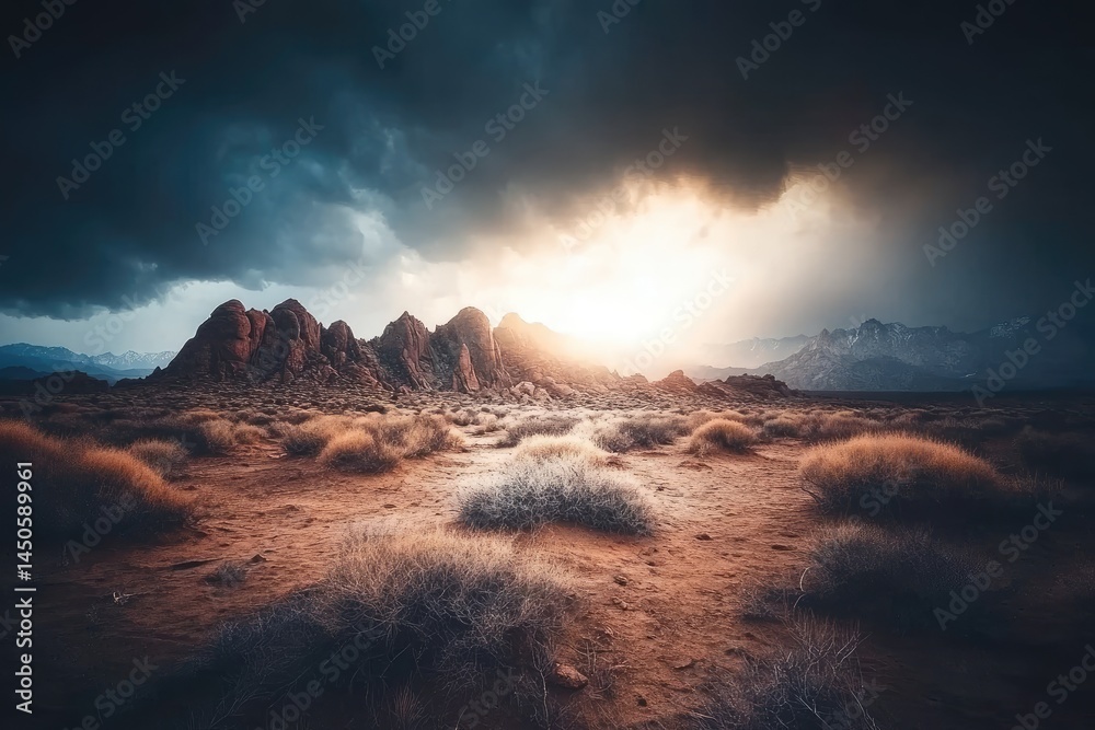 Naklejka premium Dramatic desert sunrise. Vast landscape of arid terrain, rocky peaks, and low brush under a dramatic sky. A burst of sunlight piercing through dark clouds