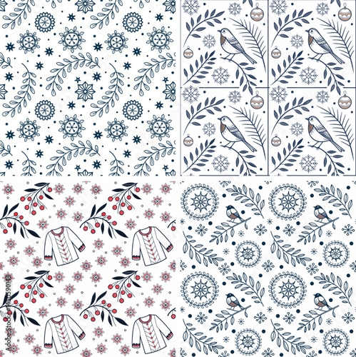 Embroidery pattern Decorative winter patterns with plants and birds in blue and red  