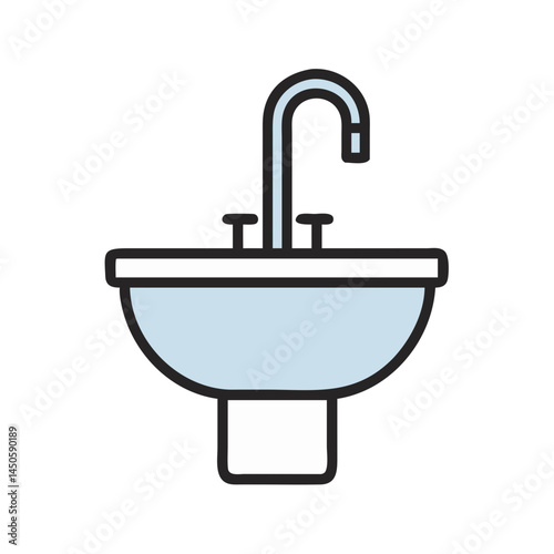 “Bathroom Sink with Faucet Icon – Wash Basin Symbol, Plumbing Fixture, Minimal Line Vector, Editable Stroke”