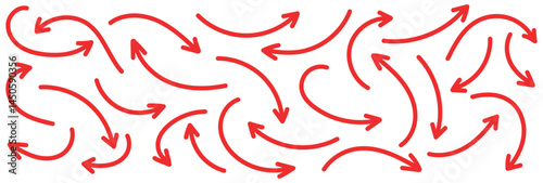 Arrow vector red hand drawn sketch icon set. Doodle sketch drawn red direction element set. Pencil doodle line graphic design elements. Handwritten direction arrow background. Vector illustration.