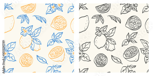 Hand drawn vintage seamless pattern with lemons and flowers. Sketch citrus tropical fruits. Summer design background. Vector.