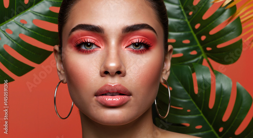 Woman with bold red summer makeup and hoop earrings for beauty blogs, makeup guides, and seasonal cosmetics promotion