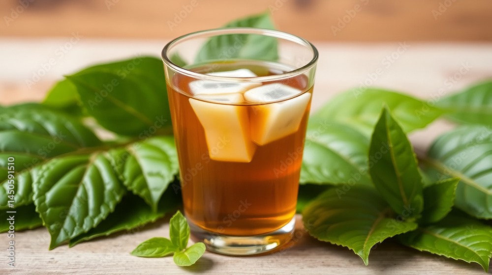 Guava leaf tea a healthy drinks, served in a glass with tea bags. Drinking guava leaf tea is beneficial in changes cholesterol and triglyceride levels. Natural cure for diarrhea