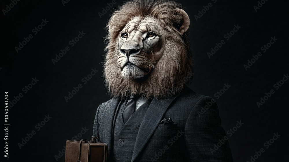 Lion head with mane dressed in elegant three-piece suit holding brown leather briefcase, serious expression looking ahead on a transparent background, PNG image, PNG file. Lion head with mane dressed in elegant three-piece suit holding brown leather briefcase, serious expression looking ahead on a transparent background, PNG image, PNG file.