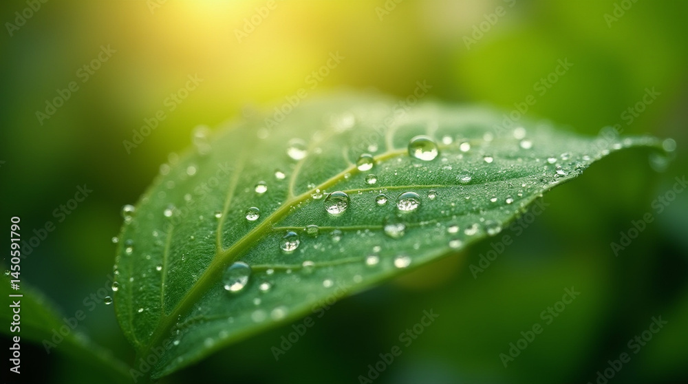 Close-up of a green leaf with dew drops under morning light, symbolizing sustainability, nature macro shot, hyper-detailed, natural background, microphotography Close-up of a green leaf with dew drops under morning light, symbolizing sustainability, nature macro shot, hyper-detailed, natural background, microphotography