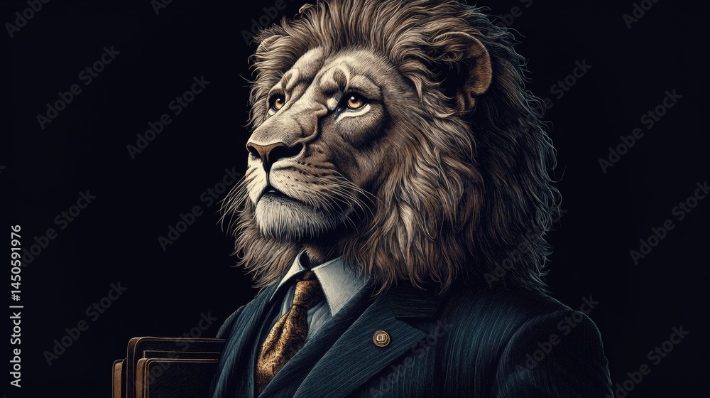 Lion head with majestic mane dressed in a business suit, wearing golden patterned tie and holding books, dark backdrop, on a transparent background, PNG image, PNG file. Lion head with majestic mane dressed in a business suit, wearing golden patterned tie and holding books, dark backdrop, on a transparent background, PNG image, PNG file.