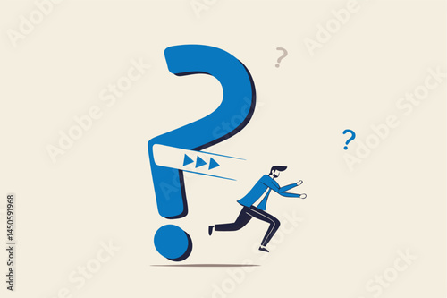 Solving problem, answer question or overcome difficulty, solution to eliminate trouble, unknown concept, confidence businessman cut question mark sign with his sword unveil exclamation mark as answer.