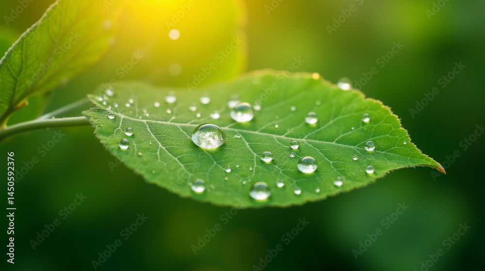 Fototapeta premium Close-up of a green leaf with dew drops under morning light, symbolizing sustainability, nature macro shot, hyper-detailed, natural background, microphotography