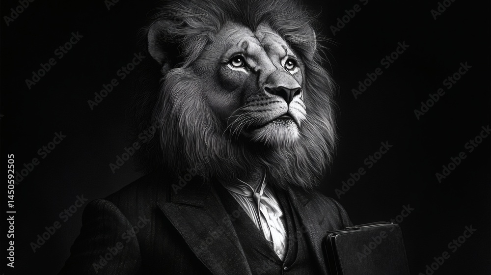 Lion anthropomorphic character in suit holding briefcase, monochrome sophisticated animal businessman with majestic mane on a transparent background, PNG image, PNG file. Lion anthropomorphic character in suit holding briefcase, monochrome sophisticated animal businessman with majestic mane on a transparent background, PNG image, PNG file.