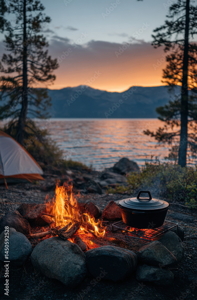Campfire cooking at lake in the evening light with surrounded trees and mountains in the background Campfire cooking at lake in the evening light with surrounded trees and mountains in the background