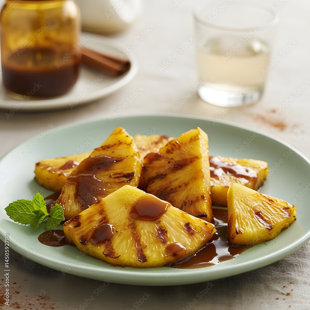 Grilled Pineapple Slices with Caramel Sauce and Mint Garnish Grilled Pineapple Slices with Caramel Sauce and Mint Garnish