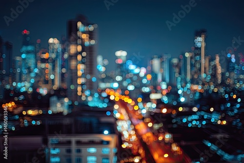 Night city lights, blurred cityscape, urban landscape.  Bokeh effect highlights buildings and street lights. High-rise structures in the distance