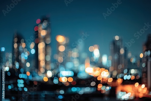 Fototapeta Naklejka Na Ścianę i Meble -  Blurred cityscape at night, city lights bokeh.  Urban skyline with colorful lights, out of focus