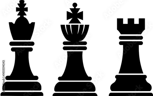Black silhouette icons of king, queen, and rook chess pieces in a classic chess set style