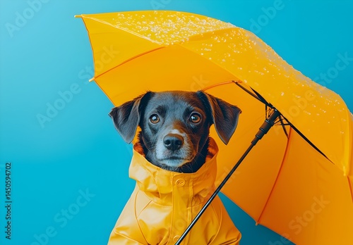 Photo of a cute dog in a raincoat sitting under a yellow umbrella, staying safe