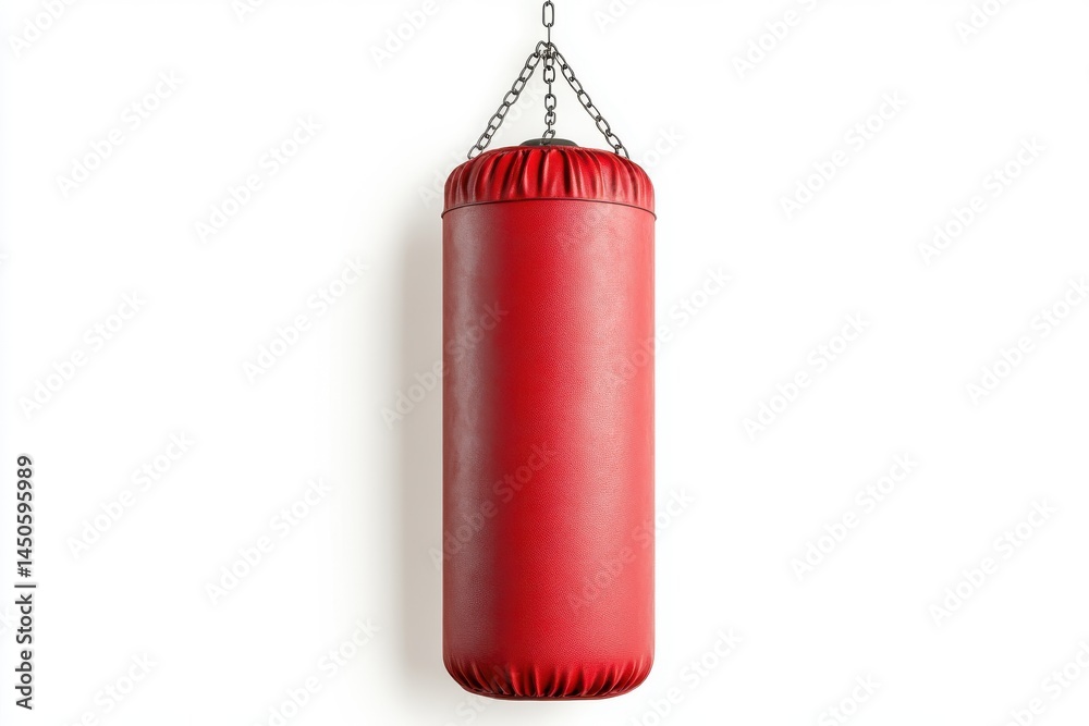 Obraz premium Isolated red punching bag hanging from chains on white surface