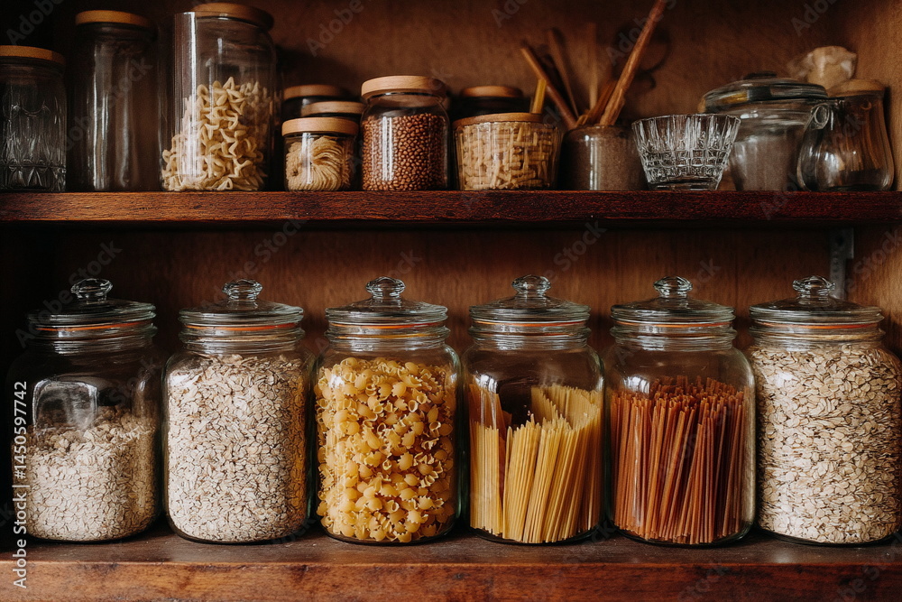Wooden shelf with glass jars filled with grains, pasta, and spices in a rustic kitchen. Organized pantry with a warm and earthy aesthetic.
Wooden shelf with glass jars filled with grains, pasta, and spices in a rustic kitchen. Organized pantry with a warm and earthy aesthetic.