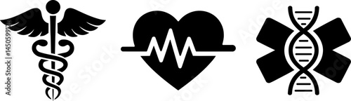 Medical Caduceus with Heart and DNA Symbol, A powerful black and white illustration combining  representing healthcare, cardiology, and genetics. Vector illustration of a medical symbol icon
