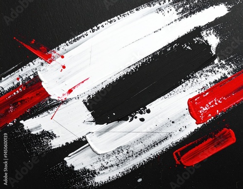 A striking black and white painting featuring bold red accents, showcasing dynamic brushstrokes and contrasting textures that evoke deep emotions. photo