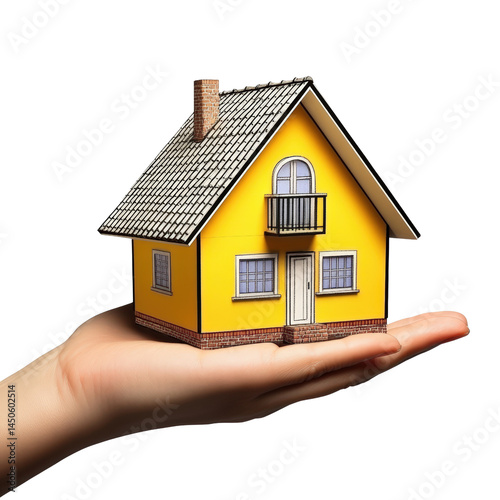 Small yellow house model with balcony and chimney held in a human hand, symbolizing real estate, home ownership, and property investment concepts