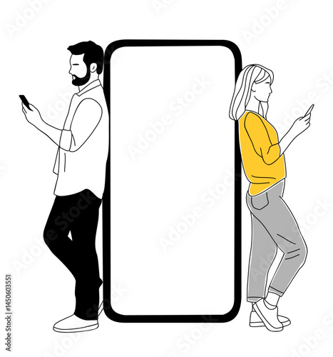 Business man, woman standing near huge smartphone.  Sketch style hand drawn vector illustration isolated on transparent background