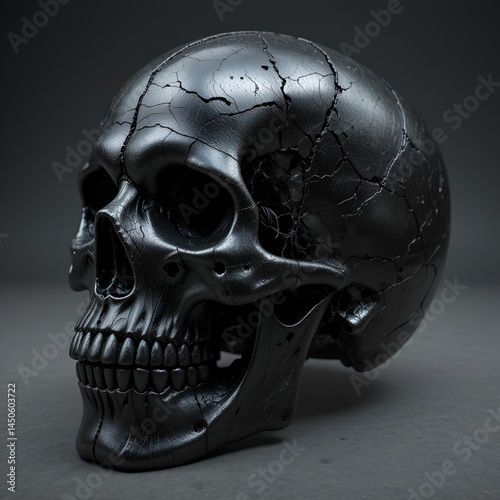 Skull made of blackened steel with a metallic sheen, black, sheen, detached. Void-Touched Steel. Illustration