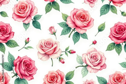 Delicate watercolor roses and leaves, repeating seamlessly , illustration, rose