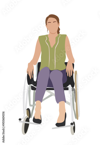 Happy smiling  girl sitting in wheelchair. Disabled woman or hospital patient. Inclusive business people concept. Cartoon style vector realistic illustration isolated on white.