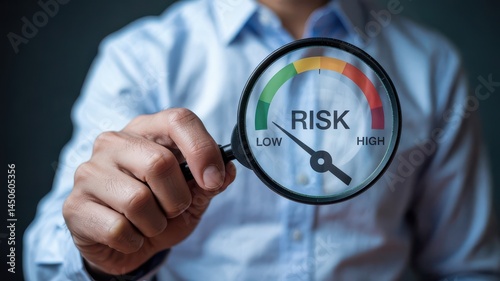 Businessperson examines risk assessment through magnifying glass.