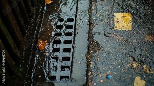 Water flowing into a drain on a wet street