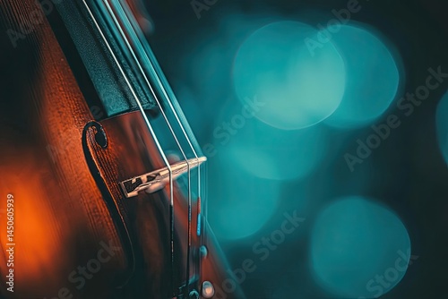 Close-up of a violin with a blurred teal background