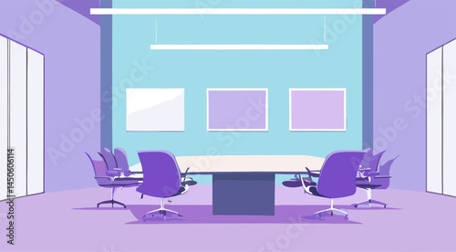 Conference room with a table and chairs and a wall with pictures. The room is empty and the chairs are purple