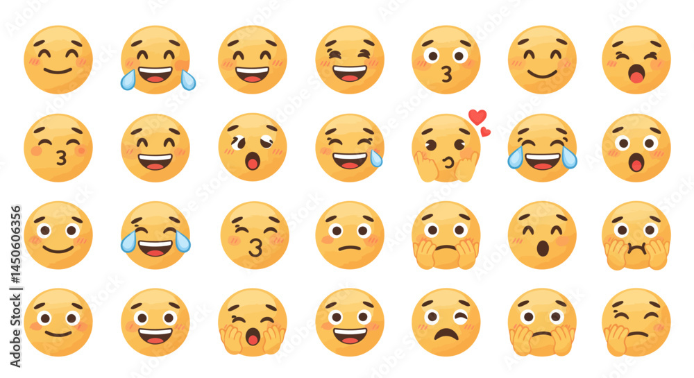Naklejka premium Twelve expressive yellow emoji faces displaying a range of emotions and reactions