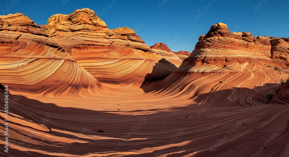 Naklejka premium Marvel at the flowing lines and vibrant colors of the sandstone at The Wave, a natural wonder under a clear blue sky.