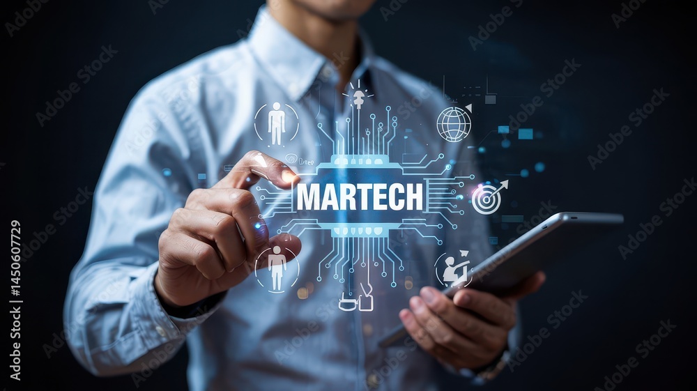 Close-up view of a person interacting with a digital interface showing martech. Close-up view of a person interacting with a digital interface showing martech.