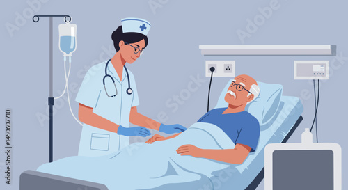 Nurse Attending Patient with IV Drip in Hospital Setting