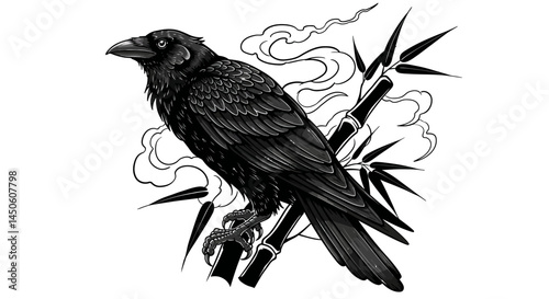 Detailed Illustration of a Raven in Profile View