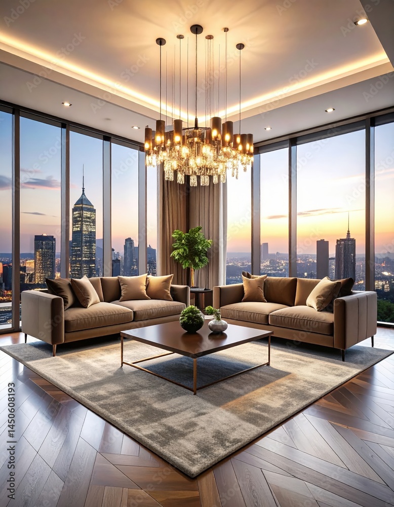 Fototapeta premium A bright and airy living room featuring expansive floor-to-ceiling windows that flood the space with natural light, creating a warm and inviting atmosphere.