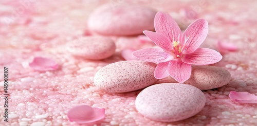 Delicate pink orchid and pebbles arrangement tranquil nature scene floral composition serene environment close-up view aesthetic beauty