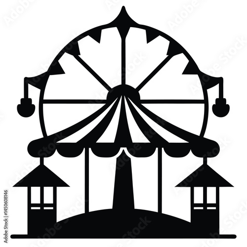 Black and white illustration of a classic ferris wheel and amusement park attraction