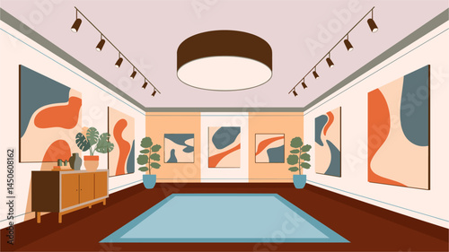 Museum, exhibition hall with a white ceiling and a blue rug. There are several paintings on the walls and a potted plant in the corner. The room is empty and has a minimalist feel