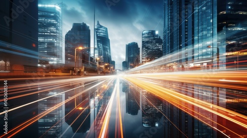 Light trails on the modern building background. Light trails at night in urban environment, Abstract Motion Blur City, traffic, transportation, street, road, speed.