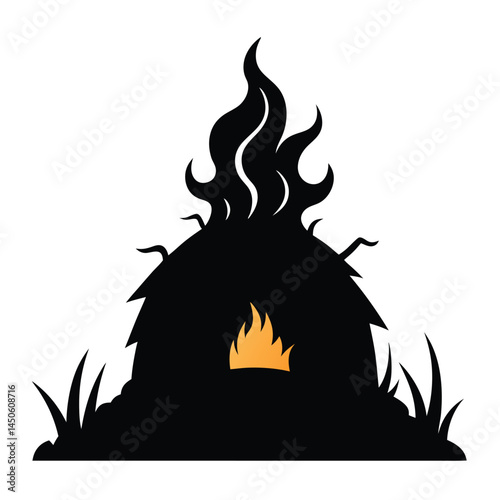 Silhouette illustration of a rustic hut with fire and flames depicting warmth and shelter