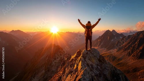 Person reaching top of mountain at sunrise with arms raised in success and scenic mountain range views