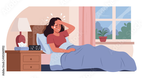 Woman Suffering from Fever in Bed at Midnight